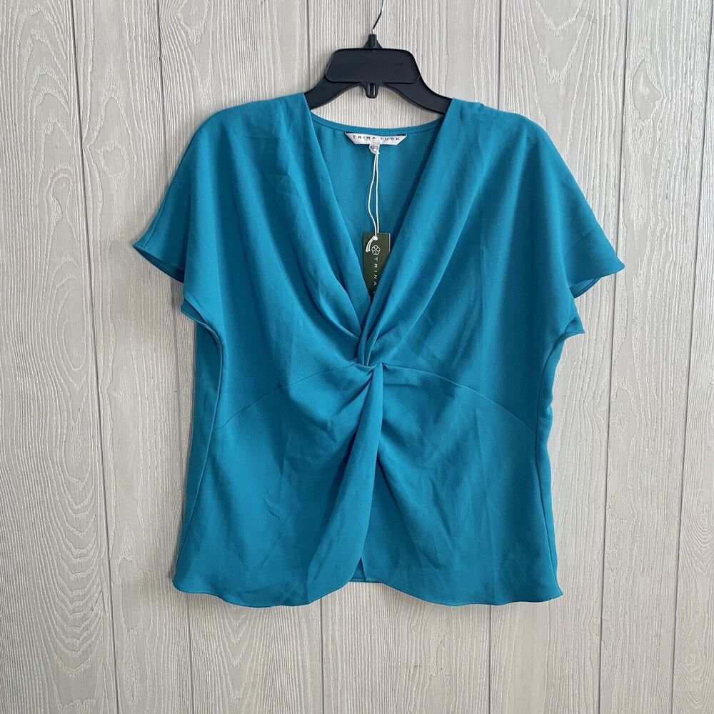 Trina Turk Merriman Twist Teal V-Neck Short Sleeve Top XS/S NWT